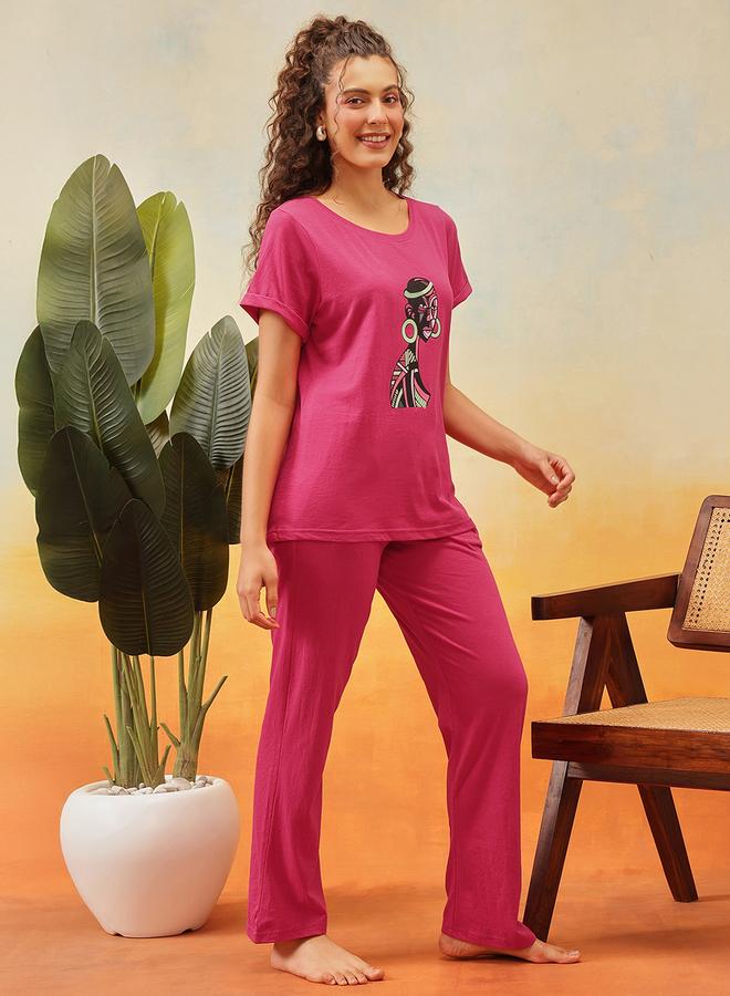 Clovia Cotton Graphic Print T-Shirt and Pyjama Set - Image 3